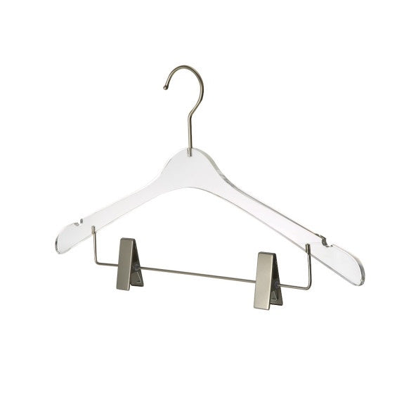 4112 - Acrylic children’s hanger w clips. Silver hook