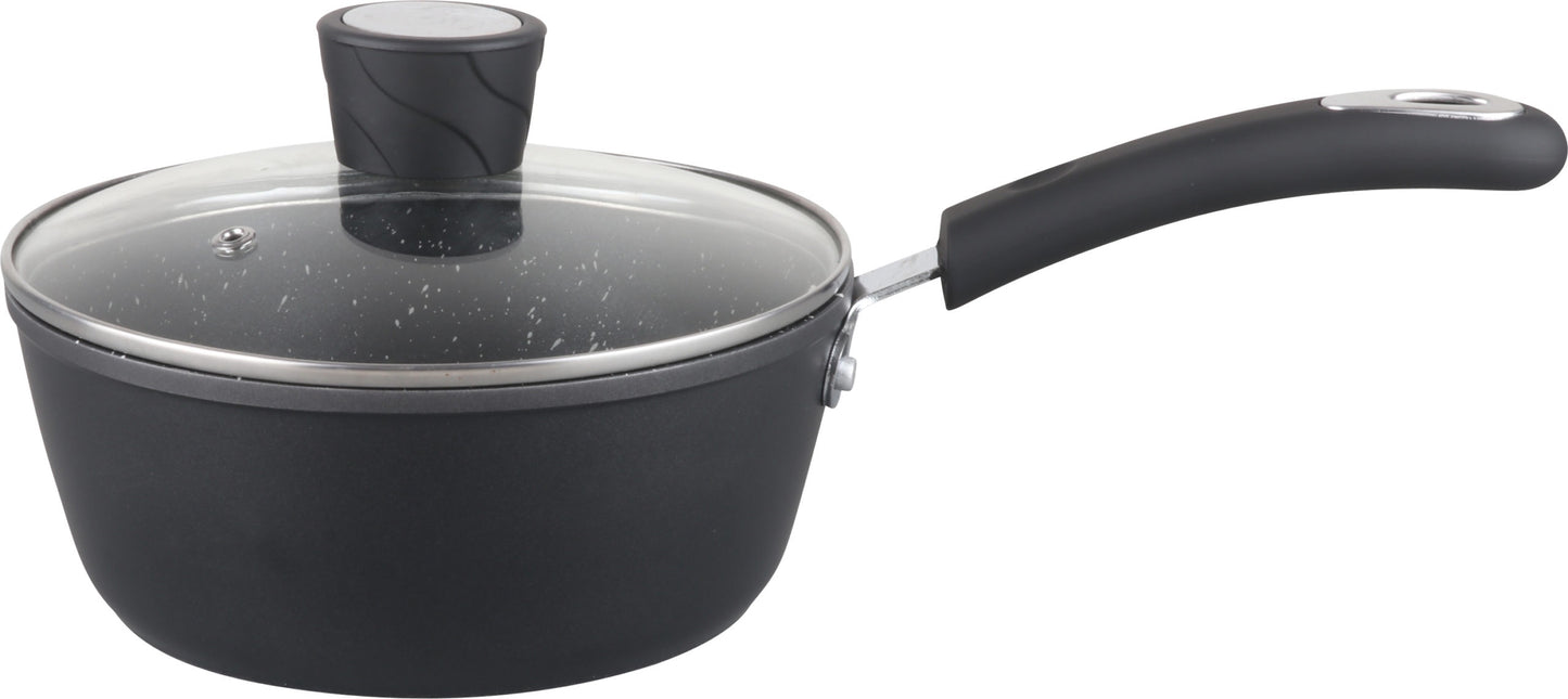 MR-18-BK - Millvado - Rainbow Black Non Stick Sauce Pan/W Glass Lid, Soft Grip Handle 1.75 Qt
