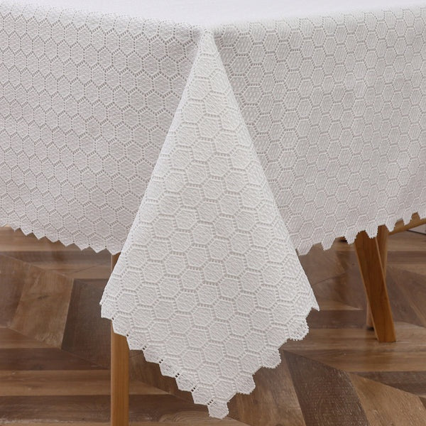 TC1725L-70108 - Tablecloth White Lace Mini Hexagon Lined 70" x 108"