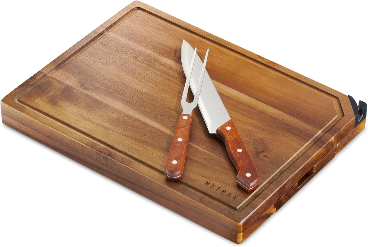MK-MBRD - Mitbak Meat Cutting Board - Wooden Chopping Board With a Knife And Tongue & Built-In Knife Sharpener