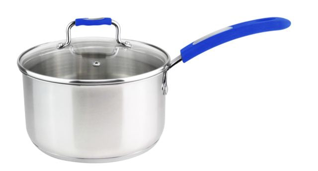 MU-03-SP/BL - Millvado-Urban SS Sauce Pan /W Glass Lid Silicone Handles, Blue, 3 Qt, 7"" X 4.3""
