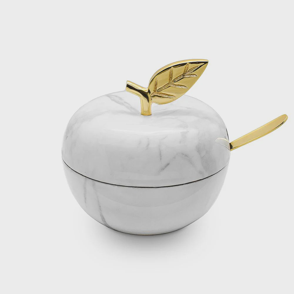 J-HDAM-WM-GD - White Marble Apple Shaped Honey Dish