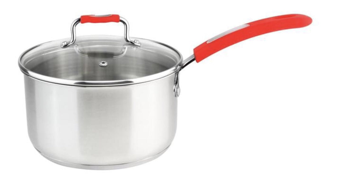 MU-03-SP/R - Millvado-Urban SS Sauce Pan/W Glass Lid Silicone Handles, Red, 3 Qt, 7""X 4.5""