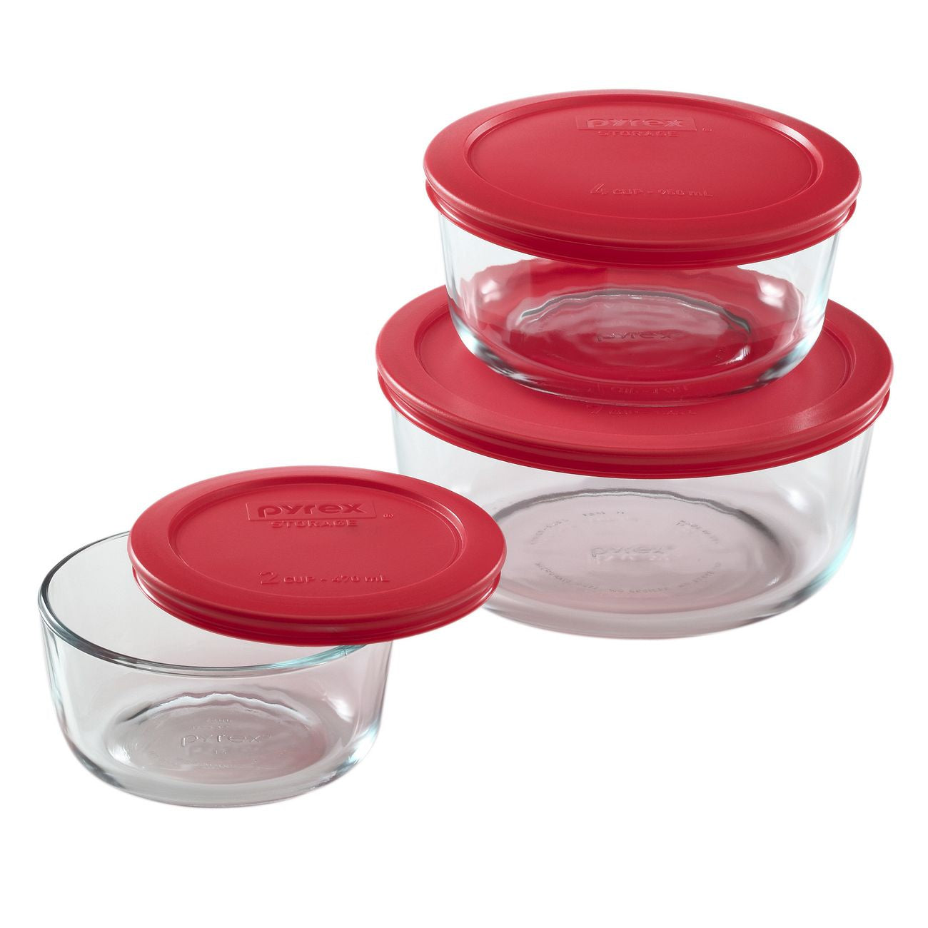 1075458 - Pyrex 6Pc Glass Storage Round w Red Lid 2C 4C 7C