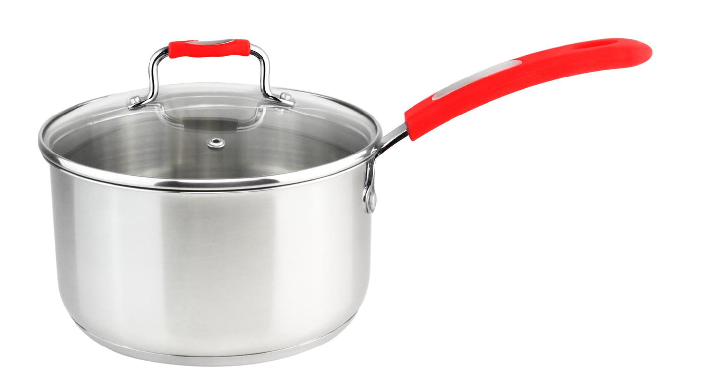 MU-18-SP/R - Millvado-Urban Ss Sauce Pan/W Glass Lid Silicone Handles, Red, 2.4 Qt, 7""X3.5""