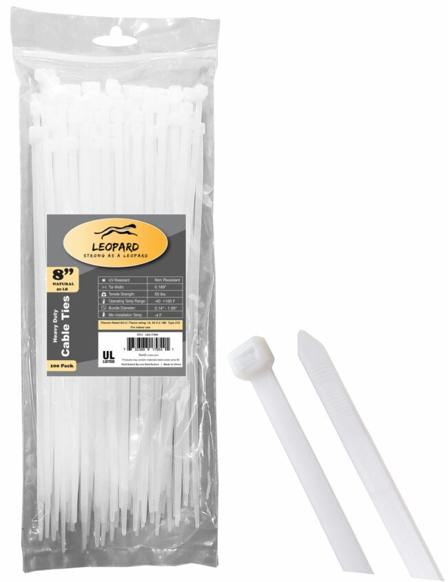 LEO-17954 - CABLE TIES SUPER STRONG 100/PK 8″ NATURAL
