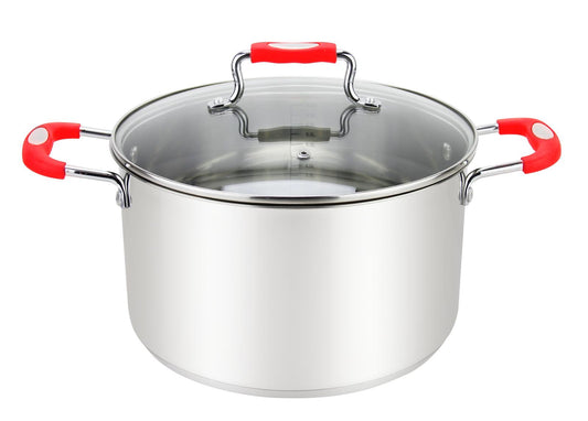 MU-26-11/R - Millvado-Urban Ss Stock Pot /W Glass Lid Silicone Handles, Red, 11 Qt, 10.2""X7.8""