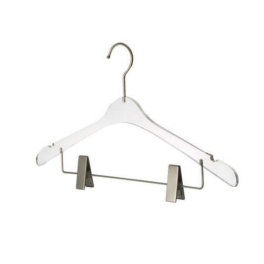4112 - Acrylic children’s hanger w clips. Silver hook