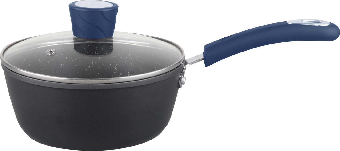 MR-18-B - Millvado - Rainbow Blue, Non Stick Sauce Pan/W Glass Lid, Soft Grip Handle 1.75 Qt