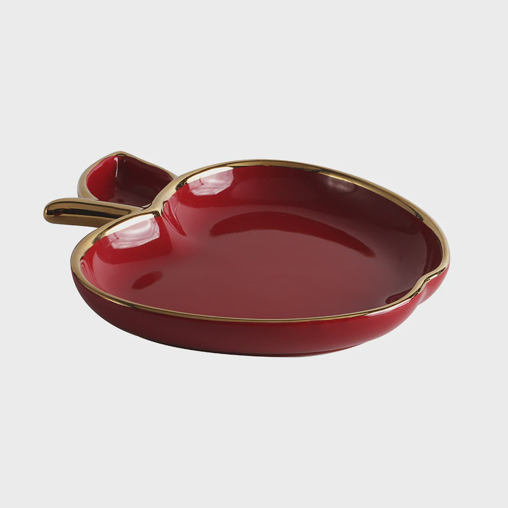 J-HDAS-RD - Porcelain Apple Shaped Dish, Red with Gold Trim