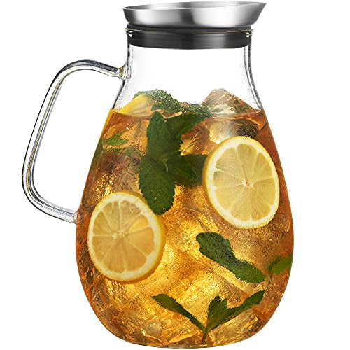 MK-60PITCH - MITBAK 60- OZ Glass Pitcher With Stainless Steel Lid | Beautiful Lightweight Beverage Jug Carafe With A Wide Handle