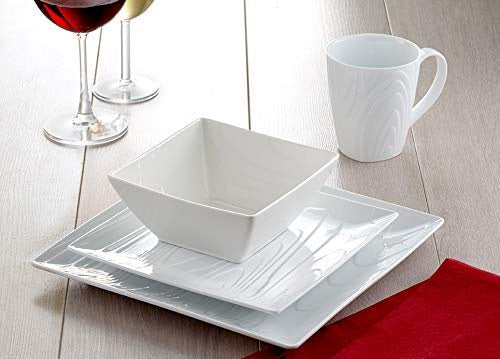 77835347 - Trudeau - Woodgrain Square Fine Porcelain, 16 Pc Dinnerware Set,
