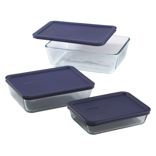 6004023 - Pyrex 6pc Set Rectangle Glass Food Storage w Blue Lid